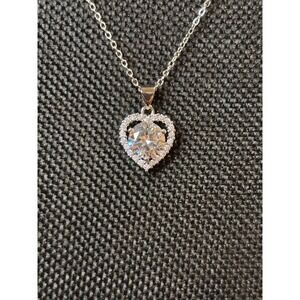 S925 Sterling Silver Heart Pendant Necklace Cubic Zirconia Halo Chain